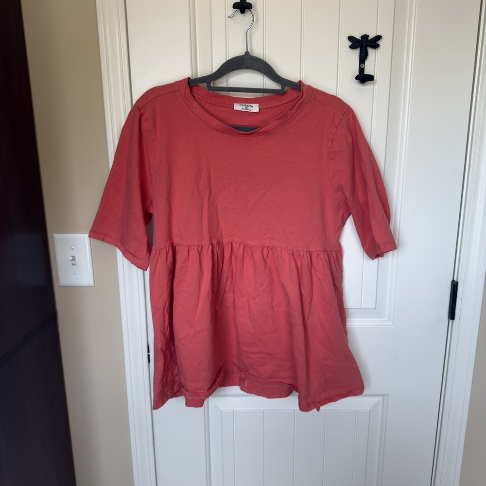 Zenana Babydoll Top Plus 1X Coral Pink Short Sleeve Empire Waist Flowy T-Shirt